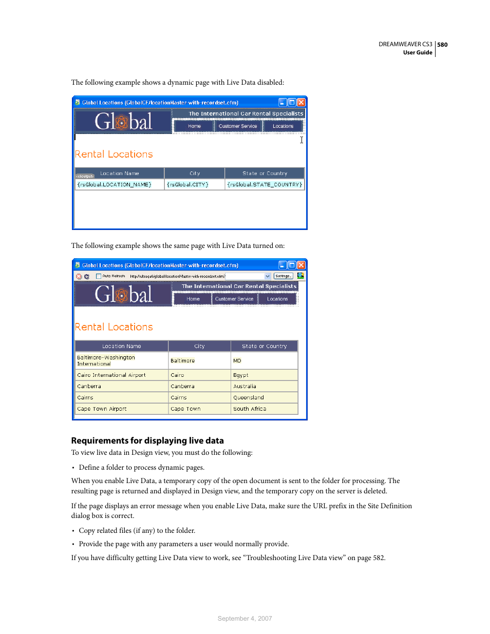 Requirements for displaying live data | Adobe Dreamweaver CS3 User Manual | Page 587 / 738