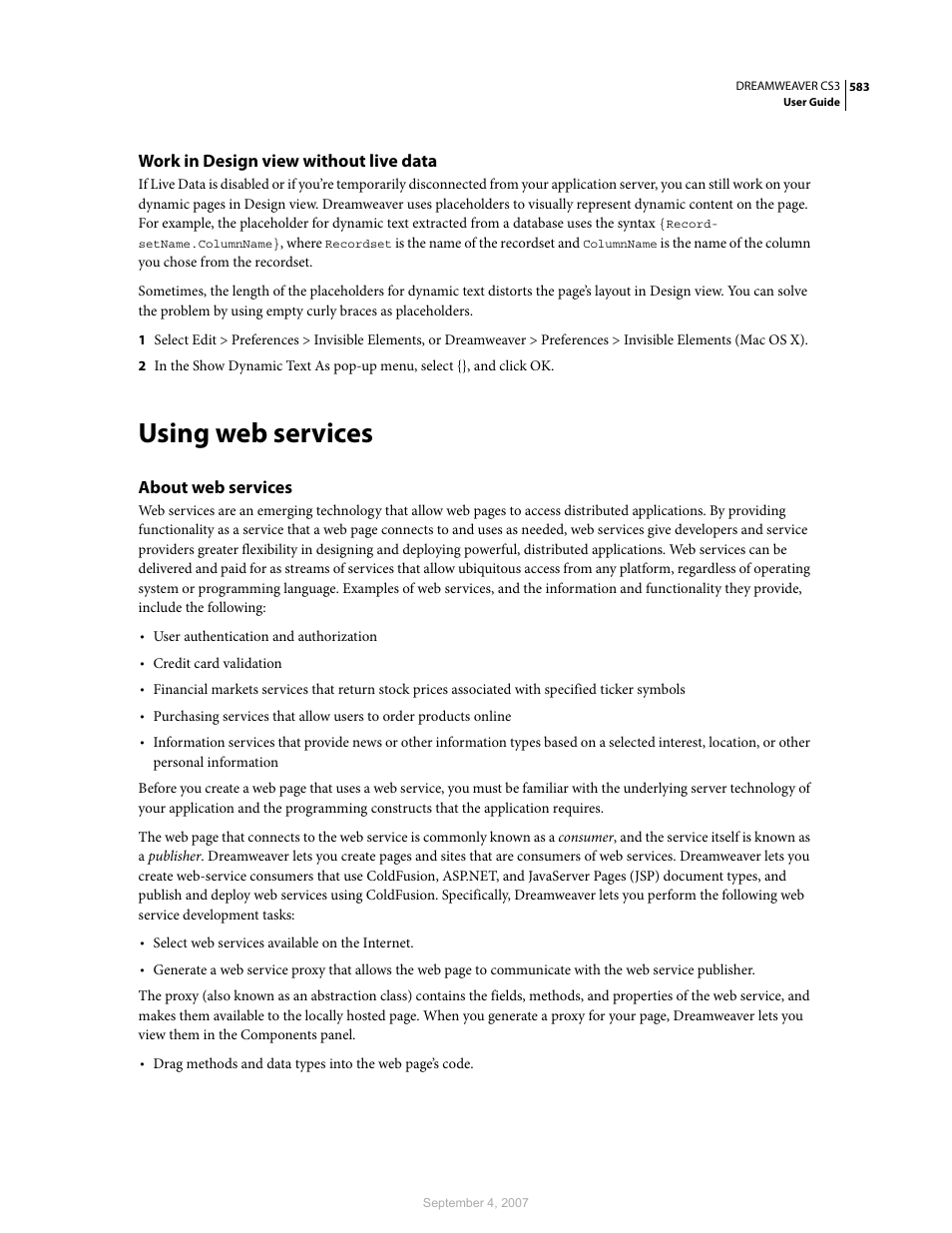 Work in design view without live data, Using web services, About web services | Adobe Dreamweaver CS3 User Manual | Page 590 / 738