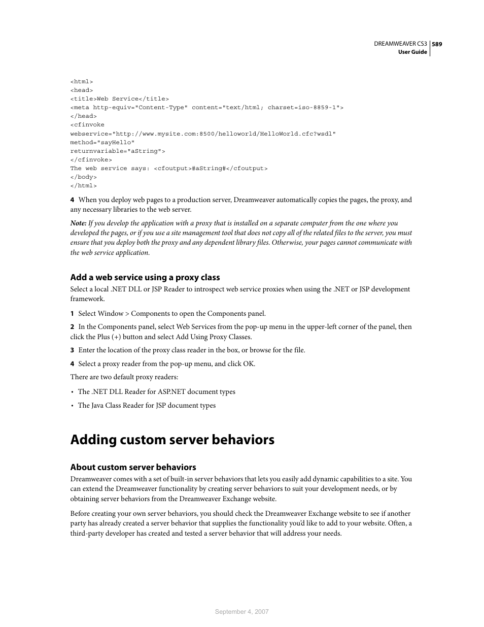 Add a web service using a proxy class, Adding custom server behaviors, About custom server behaviors | Adobe Dreamweaver CS3 User Manual | Page 596 / 738