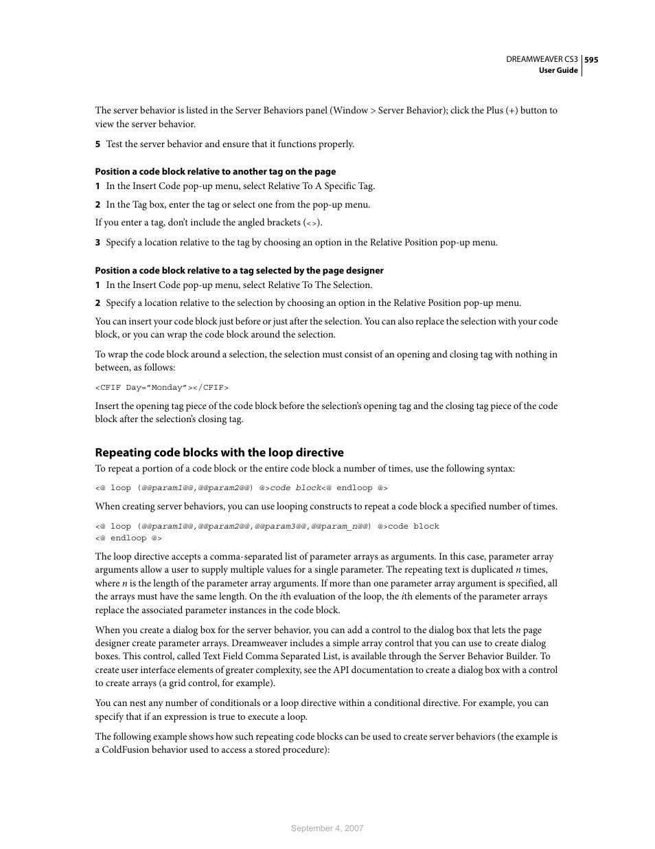 Repeating code blocks with the loop directive | Adobe Dreamweaver CS3 User Manual | Page 602 / 738