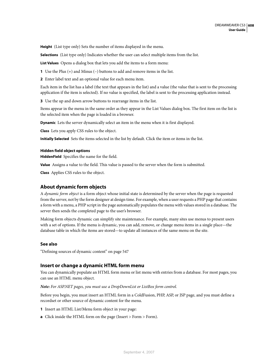 About dynamic form objects, Insert or change a dynamic html form menu | Adobe Dreamweaver CS3 User Manual | Page 615 / 738