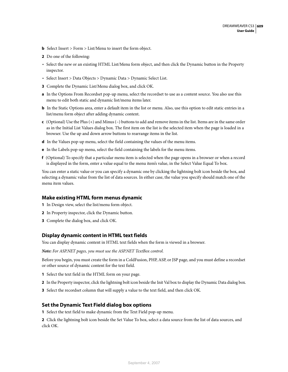 Make existing html form menus dynamic, Display dynamic content in html text fields, Set the dynamic text field dialog box options | Adobe Dreamweaver CS3 User Manual | Page 616 / 738