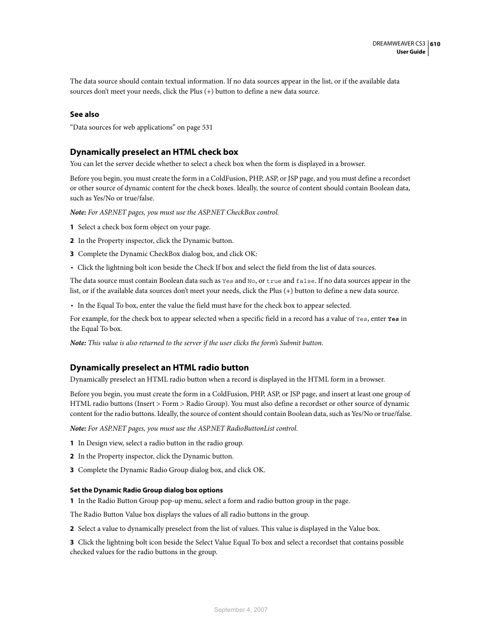 Dynamically preselect an html check box, Dynamically preselect an html radio button | Adobe Dreamweaver CS3 User Manual | Page 617 / 738