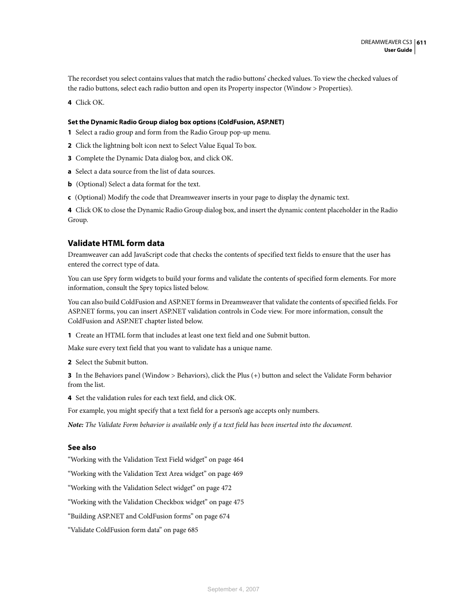 Validate html form data | Adobe Dreamweaver CS3 User Manual | Page 618 / 738