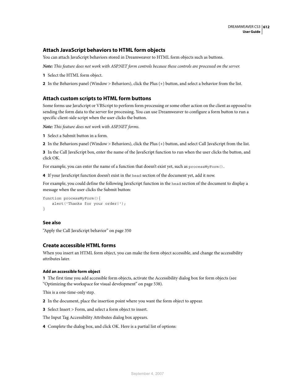 Attach javascript behaviors to html form objects, Attach custom scripts to html form buttons, Create accessible html forms | Adobe Dreamweaver CS3 User Manual | Page 619 / 738