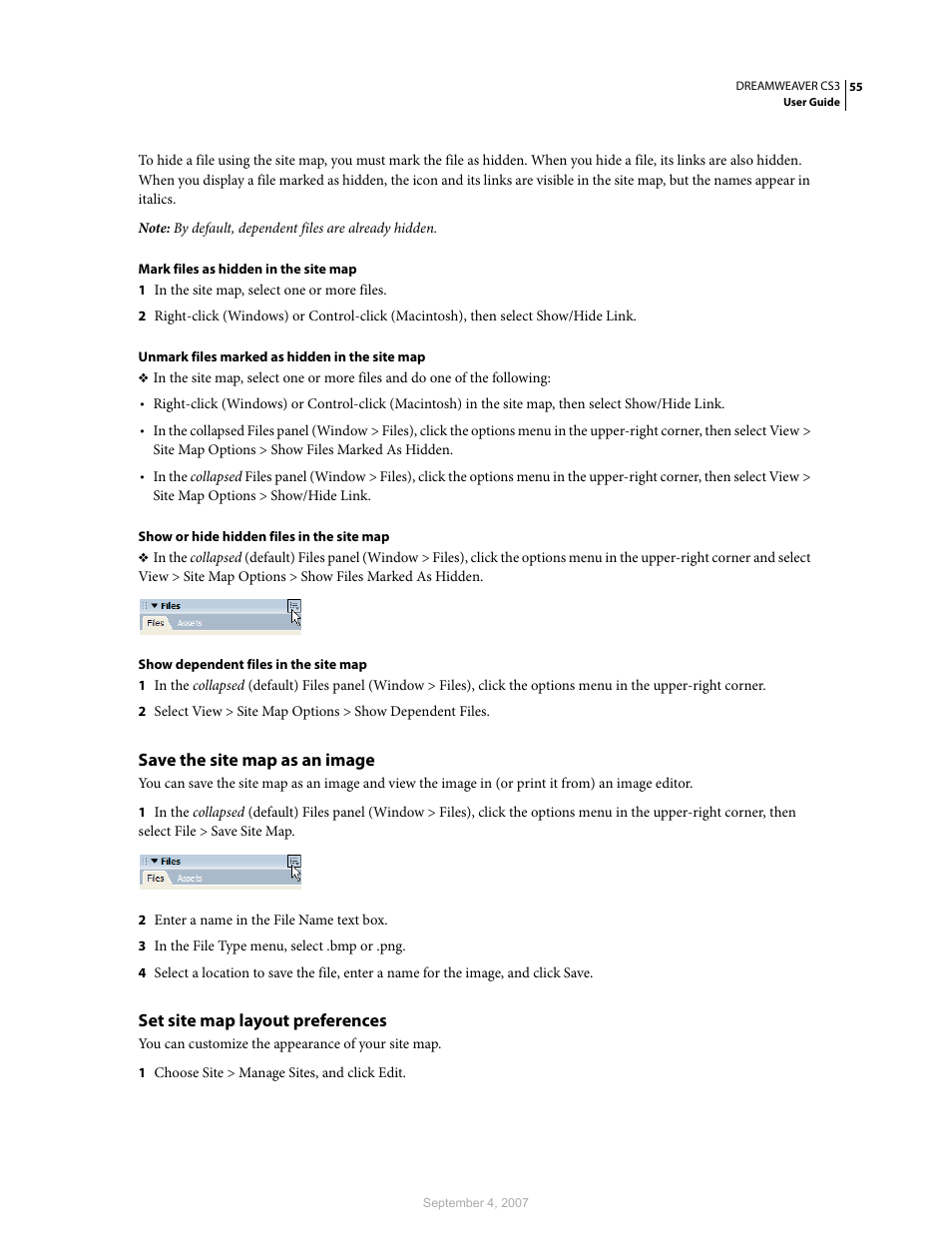Save the site map as an image, Set site map layout preferences | Adobe Dreamweaver CS3 User Manual | Page 62 / 738
