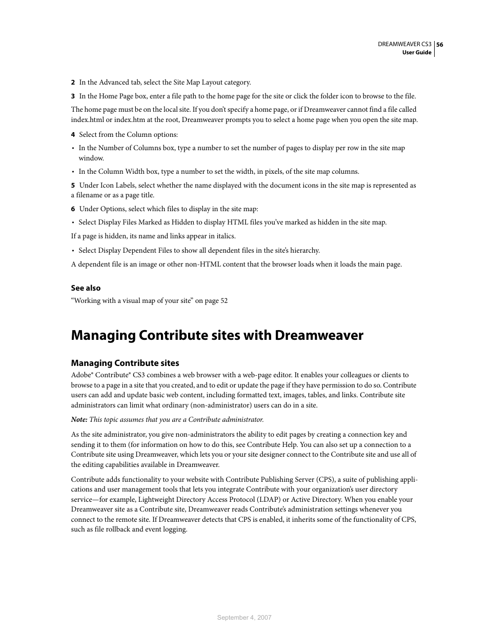 Managing contribute sites with dreamweaver, Managing contribute sites | Adobe Dreamweaver CS3 User Manual | Page 63 / 738