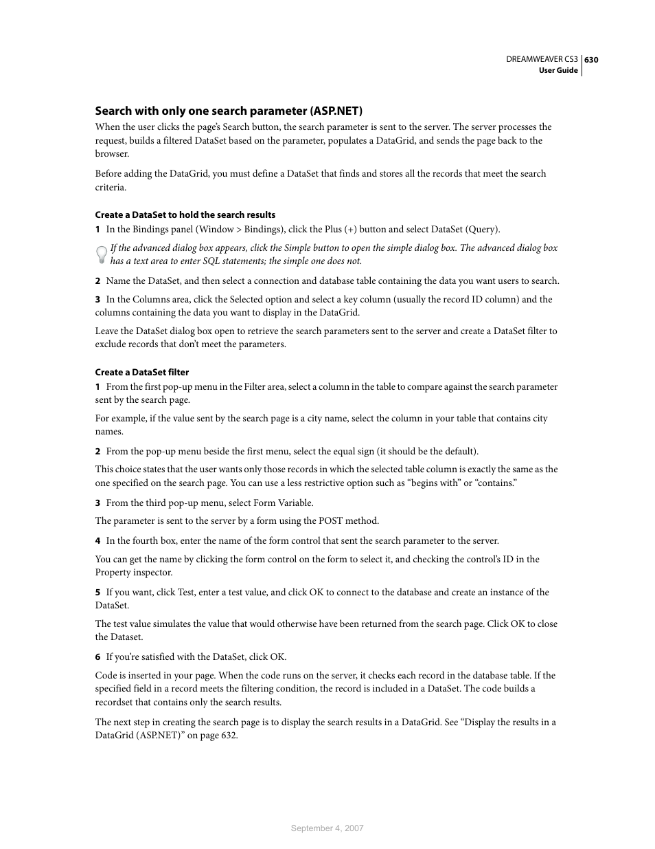 Search with only one search parameter (asp.net) | Adobe Dreamweaver CS3 User Manual | Page 637 / 738