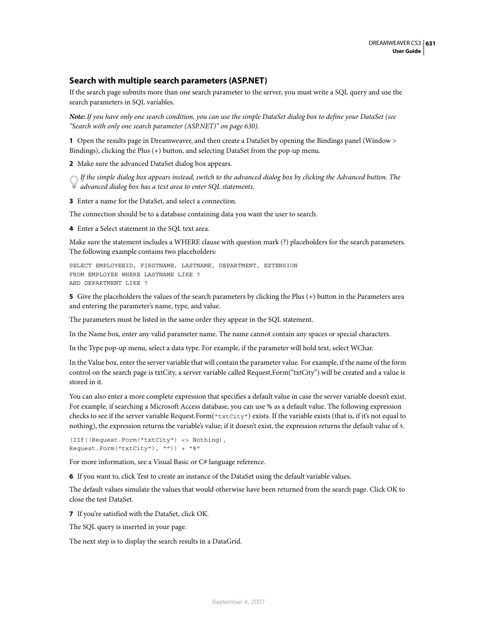 Search with multiple search parameters (asp.net) | Adobe Dreamweaver CS3 User Manual | Page 638 / 738