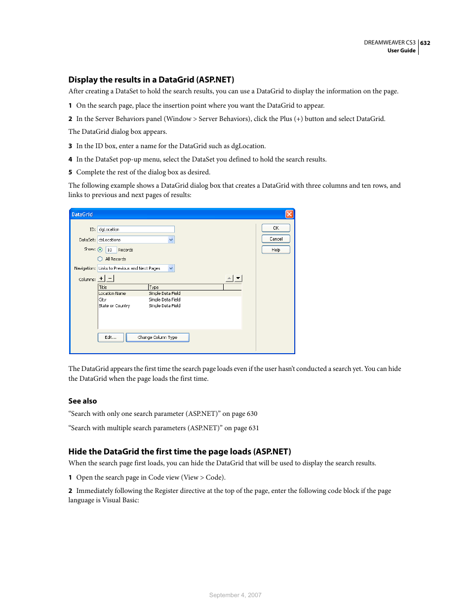 Display the results in a datagrid (asp.net) | Adobe Dreamweaver CS3 User Manual | Page 639 / 738