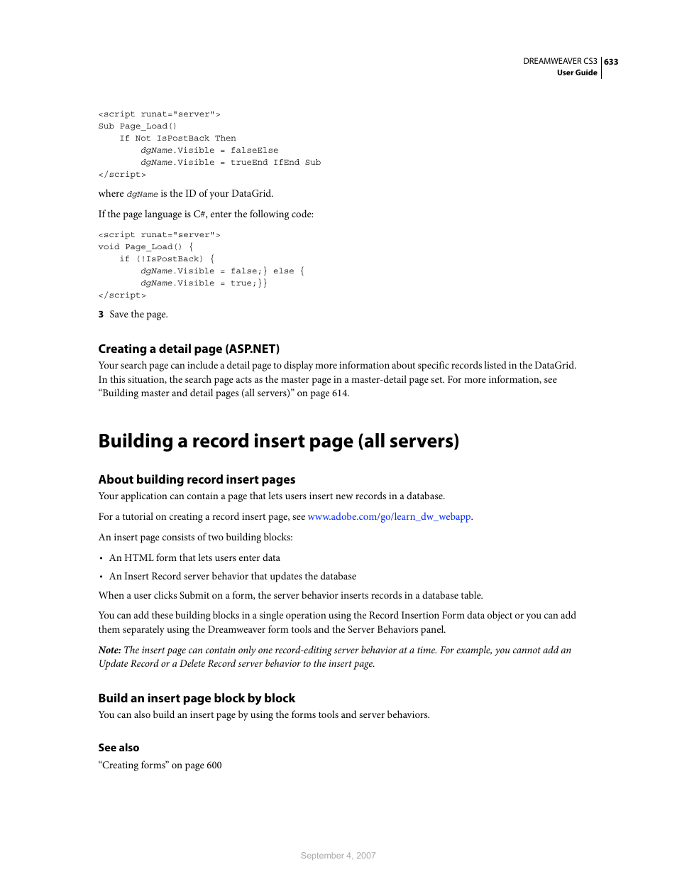 Building a record insert page (all servers) | Adobe Dreamweaver CS3 User Manual | Page 640 / 738