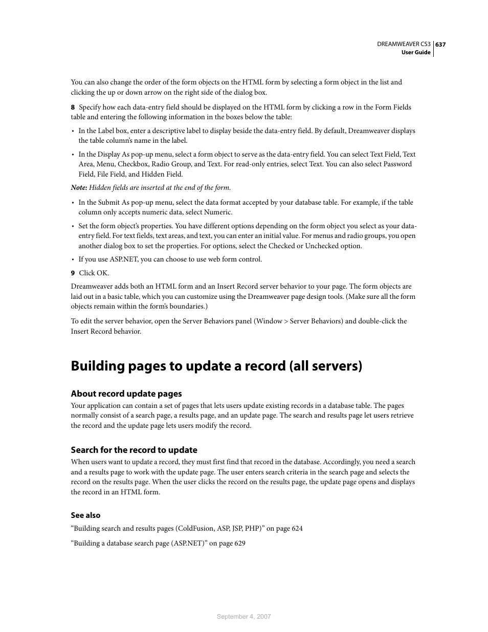Search for the record to update, Building pages to update a record (all servers) | Adobe Dreamweaver CS3 User Manual | Page 644 / 738
