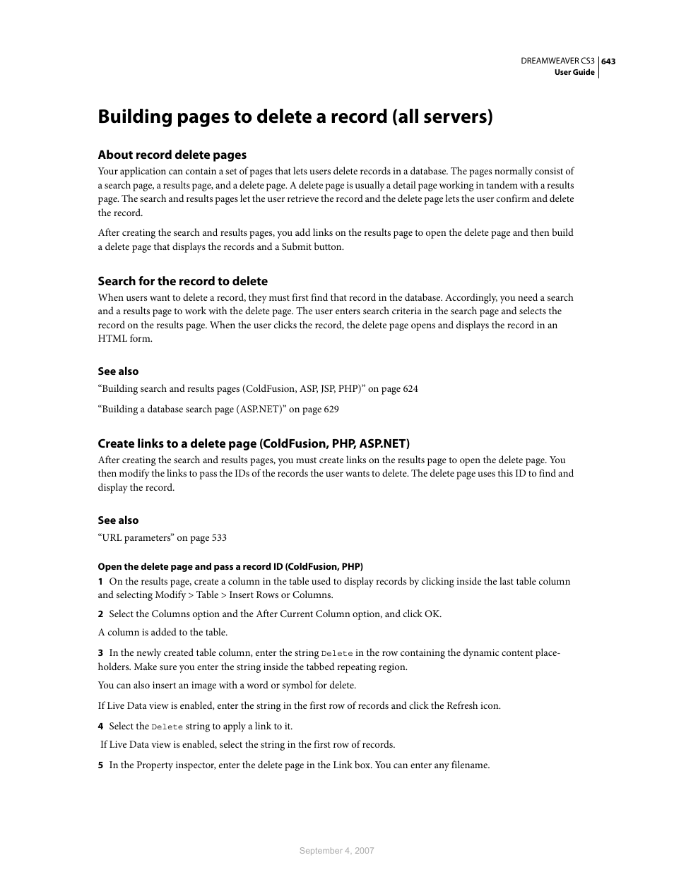 Search for the record to delete, Building pages to delete a record (all servers) | Adobe Dreamweaver CS3 User Manual | Page 650 / 738