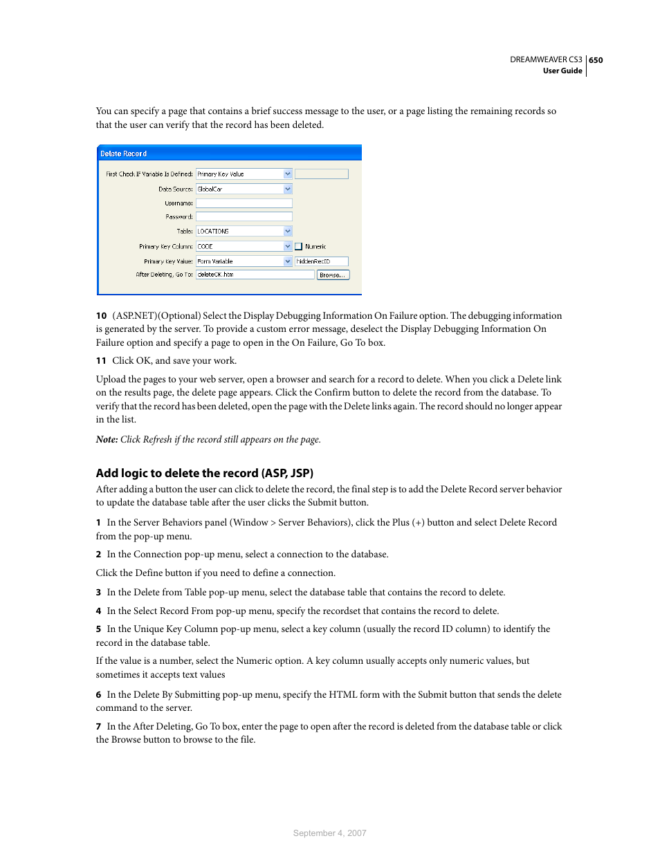 Add logic to delete the record (asp, jsp) | Adobe Dreamweaver CS3 User Manual | Page 657 / 738