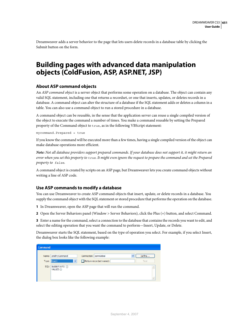 About asp command objects, Use asp commands to modify a database | Adobe Dreamweaver CS3 User Manual | Page 658 / 738