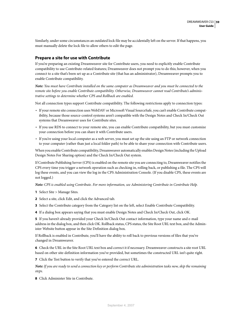 Prepare a site for use with contribute | Adobe Dreamweaver CS3 User Manual | Page 66 / 738