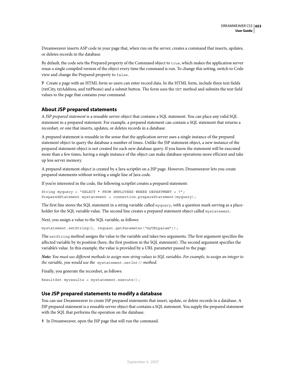 About jsp prepared statements, Use jsp prepared statements to modify a database | Adobe Dreamweaver CS3 User Manual | Page 660 / 738
