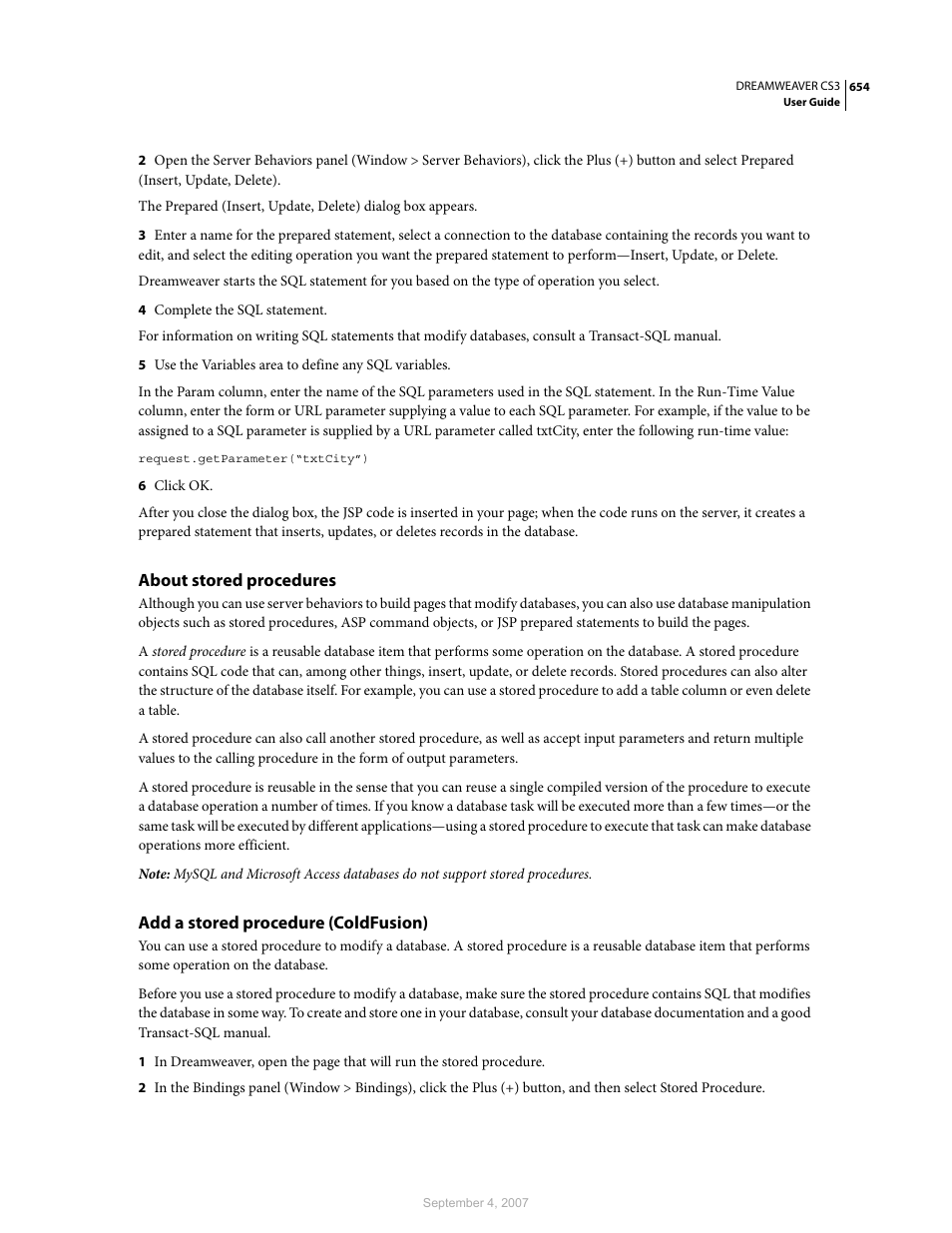 About stored procedures, Add a stored procedure (coldfusion) | Adobe Dreamweaver CS3 User Manual | Page 661 / 738