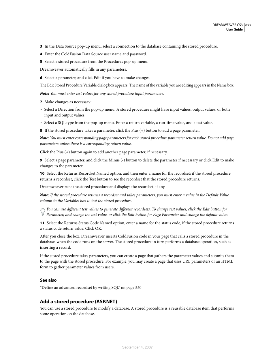 Add a stored procedure (asp.net) | Adobe Dreamweaver CS3 User Manual | Page 662 / 738