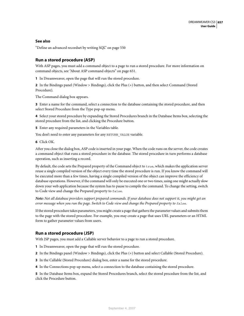 Run a stored procedure (asp), Run a stored procedure (jsp) | Adobe Dreamweaver CS3 User Manual | Page 664 / 738