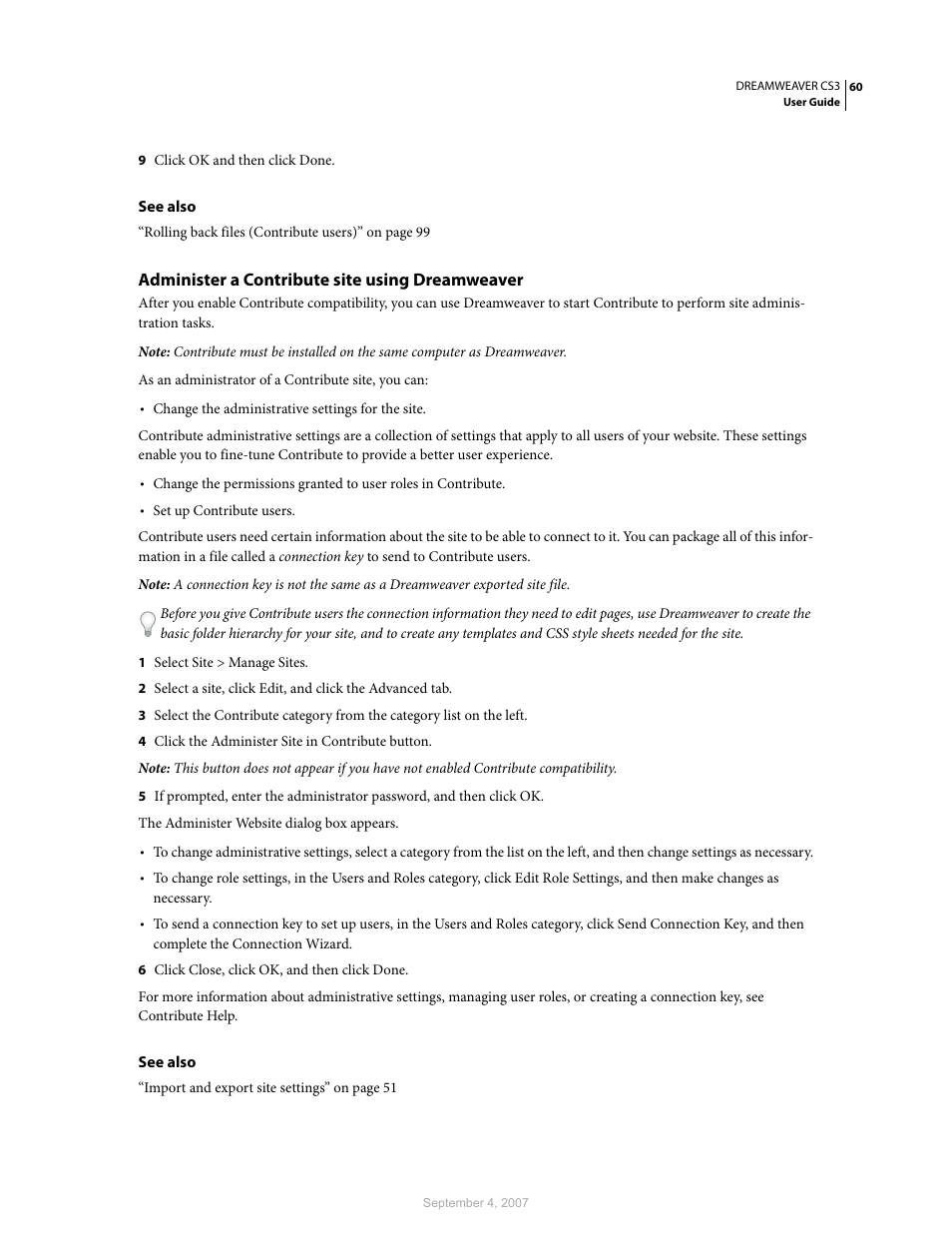 Administer a contribute site using dreamweaver | Adobe Dreamweaver CS3 User Manual | Page 67 / 738
