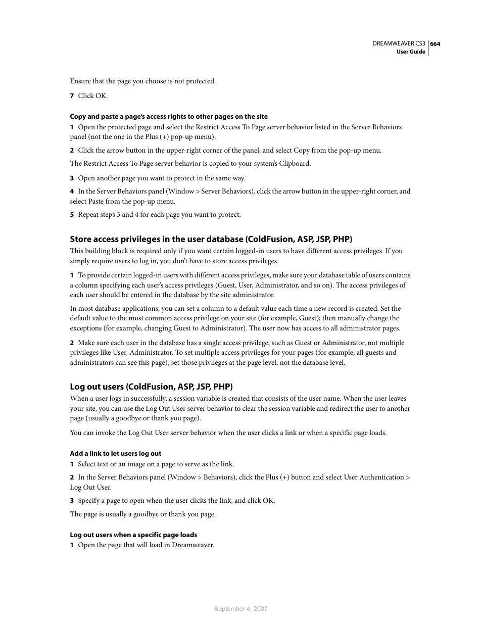 Log out users (coldfusion, asp, jsp, php) | Adobe Dreamweaver CS3 User Manual | Page 671 / 738