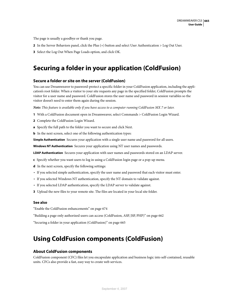 Securing a folder in your application (coldfusion), Secure a folder or site on the server (coldfusion), Using coldfusion components (coldfusion) | About coldfusion components | Adobe Dreamweaver CS3 User Manual | Page 672 / 738