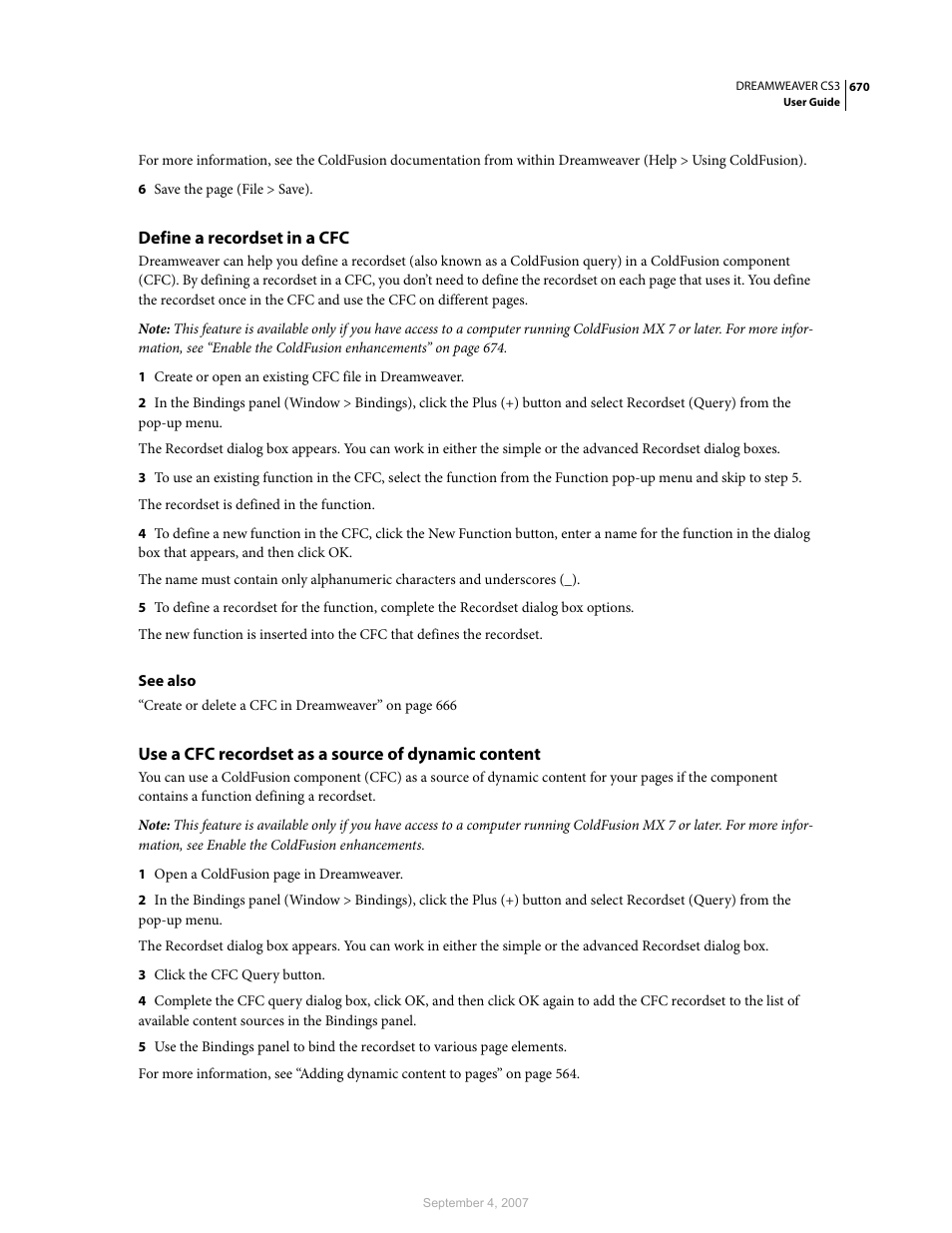 Define a recordset in a cfc, Use a cfc recordset as a source of dynamic content | Adobe Dreamweaver CS3 User Manual | Page 677 / 738