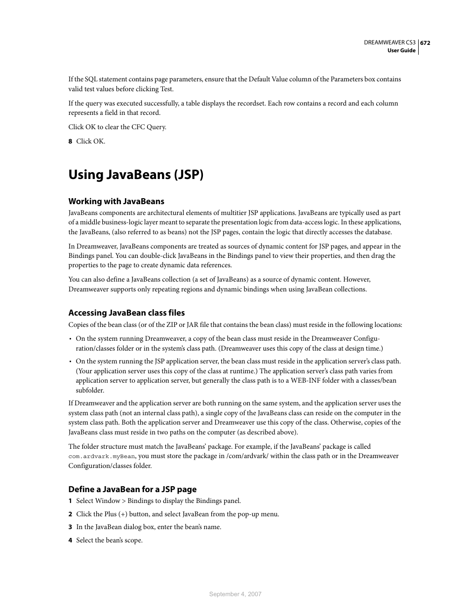 Using javabeans (jsp), Working with javabeans, Accessing javabean class files | Adobe Dreamweaver CS3 User Manual | Page 679 / 738