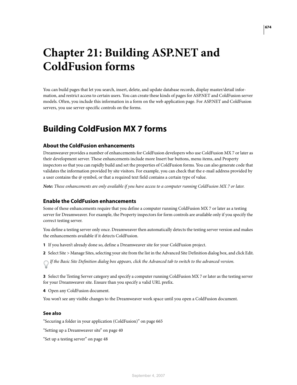 Chapter 21: building asp.net and coldfusion forms, Building coldfusion mx 7 forms, About the coldfusion enhancements | Enable the coldfusion enhancements | Adobe Dreamweaver CS3 User Manual | Page 681 / 738