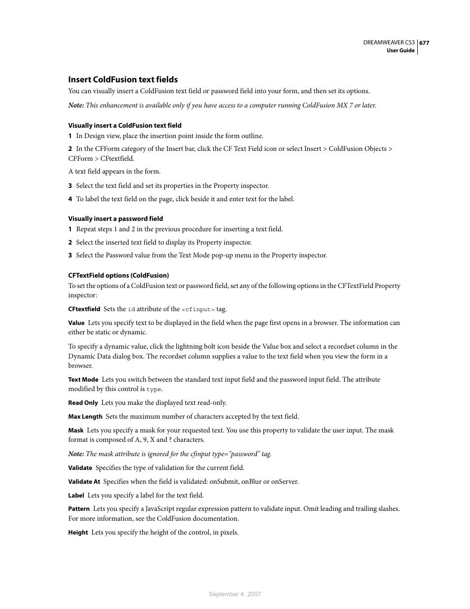 Insert coldfusion text fields | Adobe Dreamweaver CS3 User Manual | Page 684 / 738