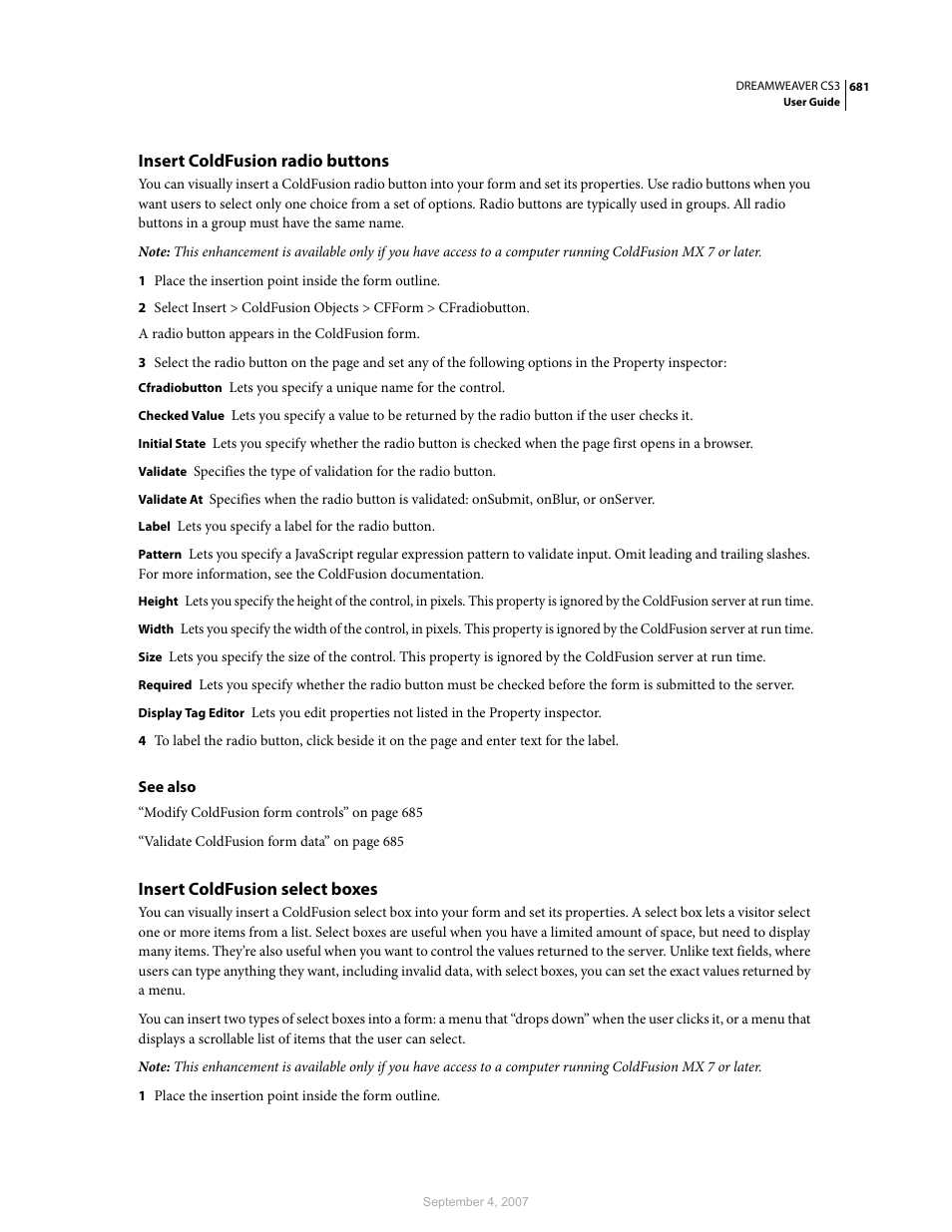 Insert coldfusion radio buttons, Insert coldfusion select boxes | Adobe Dreamweaver CS3 User Manual | Page 688 / 738