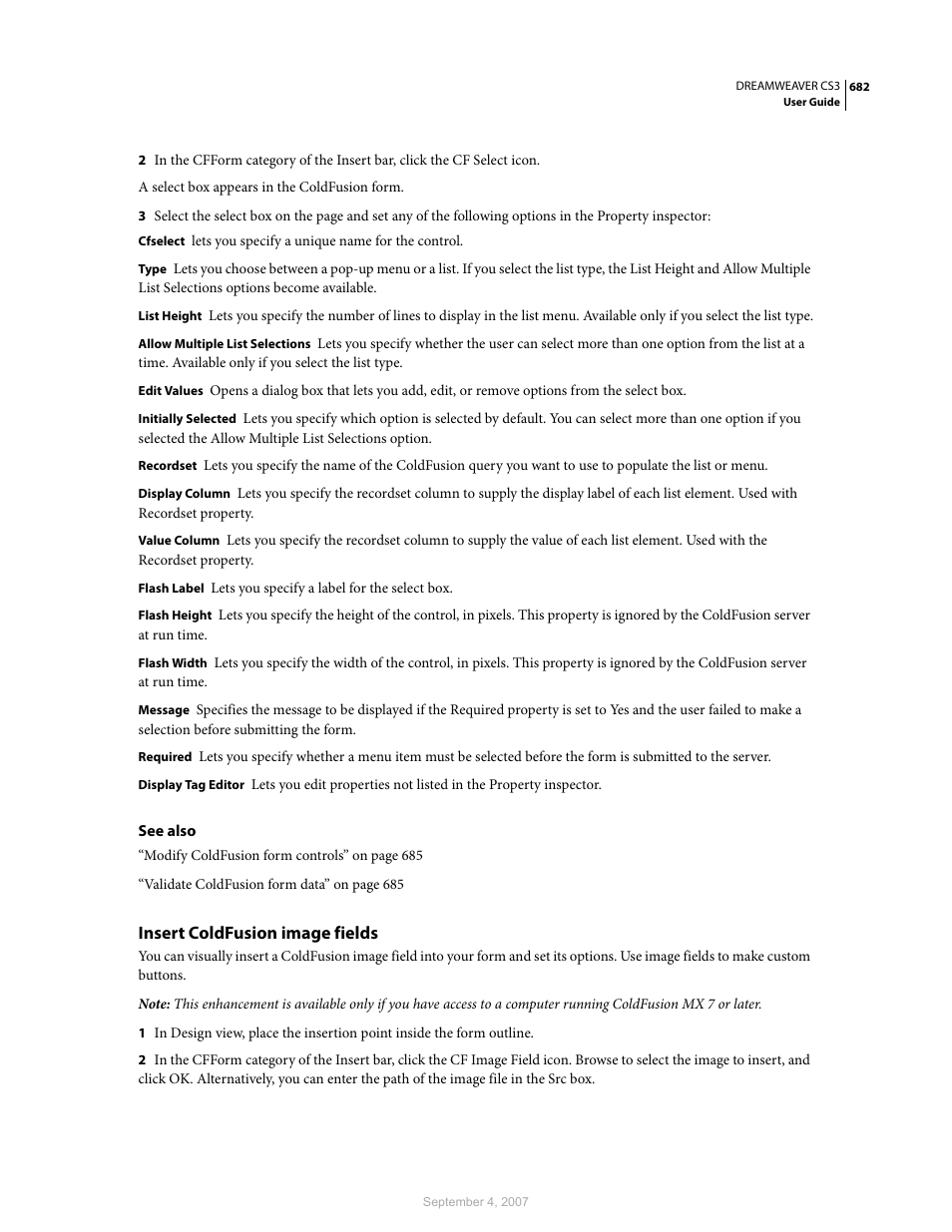 Insert coldfusion image fields | Adobe Dreamweaver CS3 User Manual | Page 689 / 738