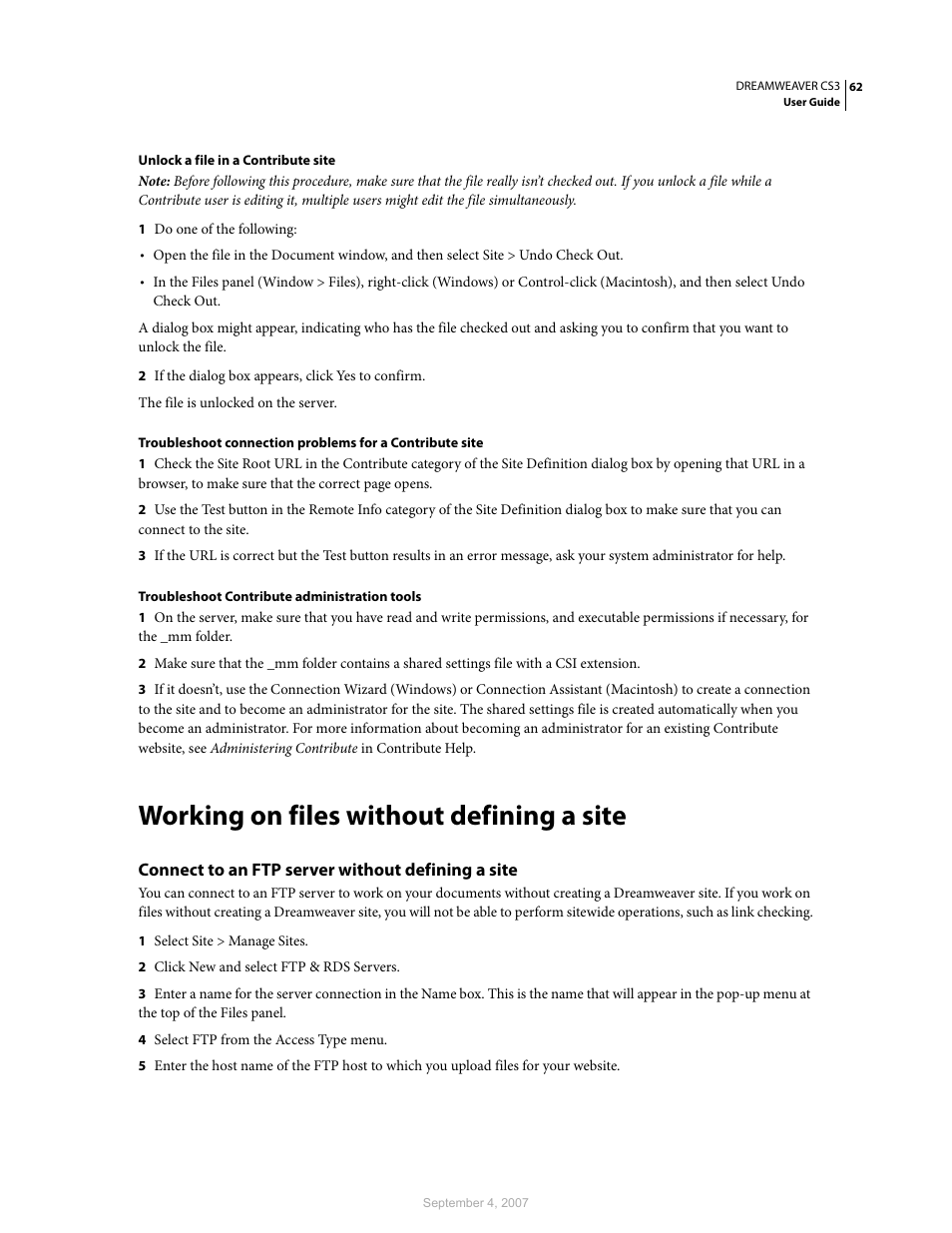 Working on files without defining a site, Connect to an ftp server without defining a site | Adobe Dreamweaver CS3 User Manual | Page 69 / 738