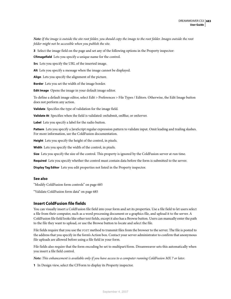 Insert coldfusion file fields | Adobe Dreamweaver CS3 User Manual | Page 690 / 738