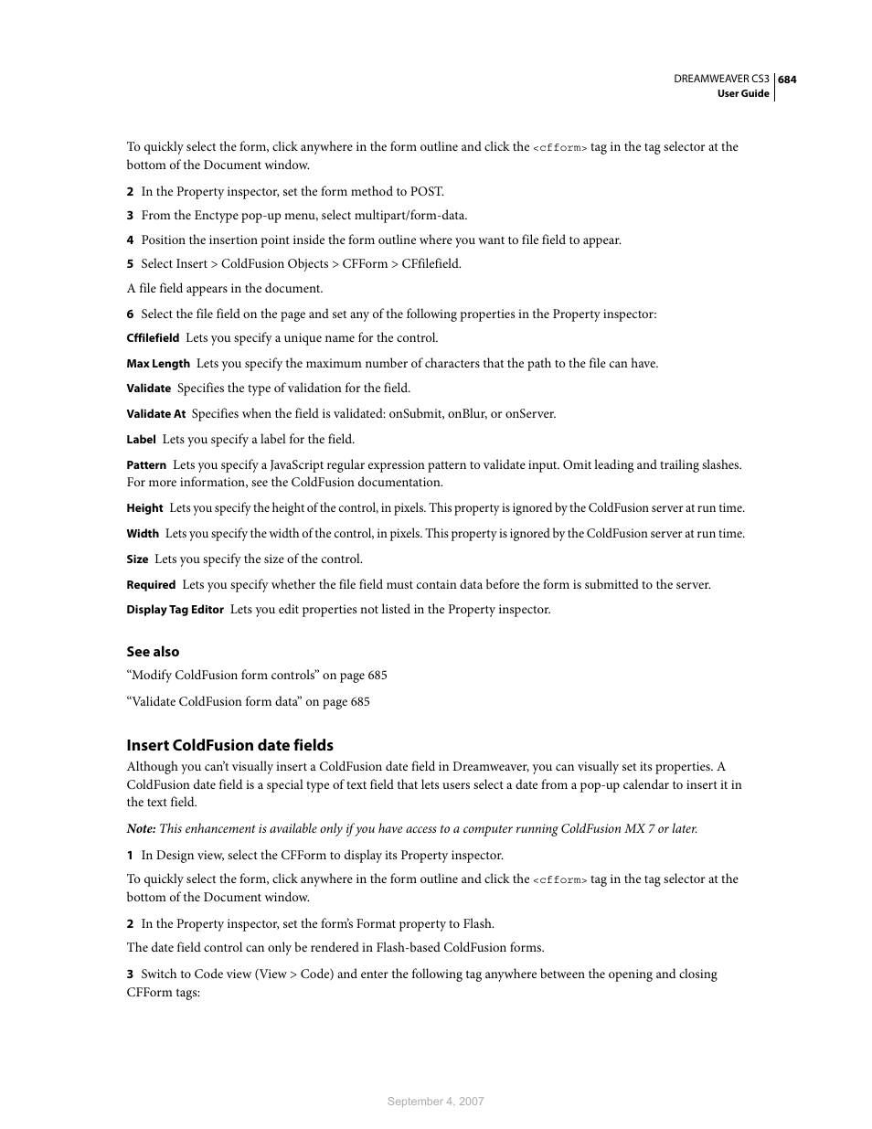 Insert coldfusion date fields | Adobe Dreamweaver CS3 User Manual | Page 691 / 738