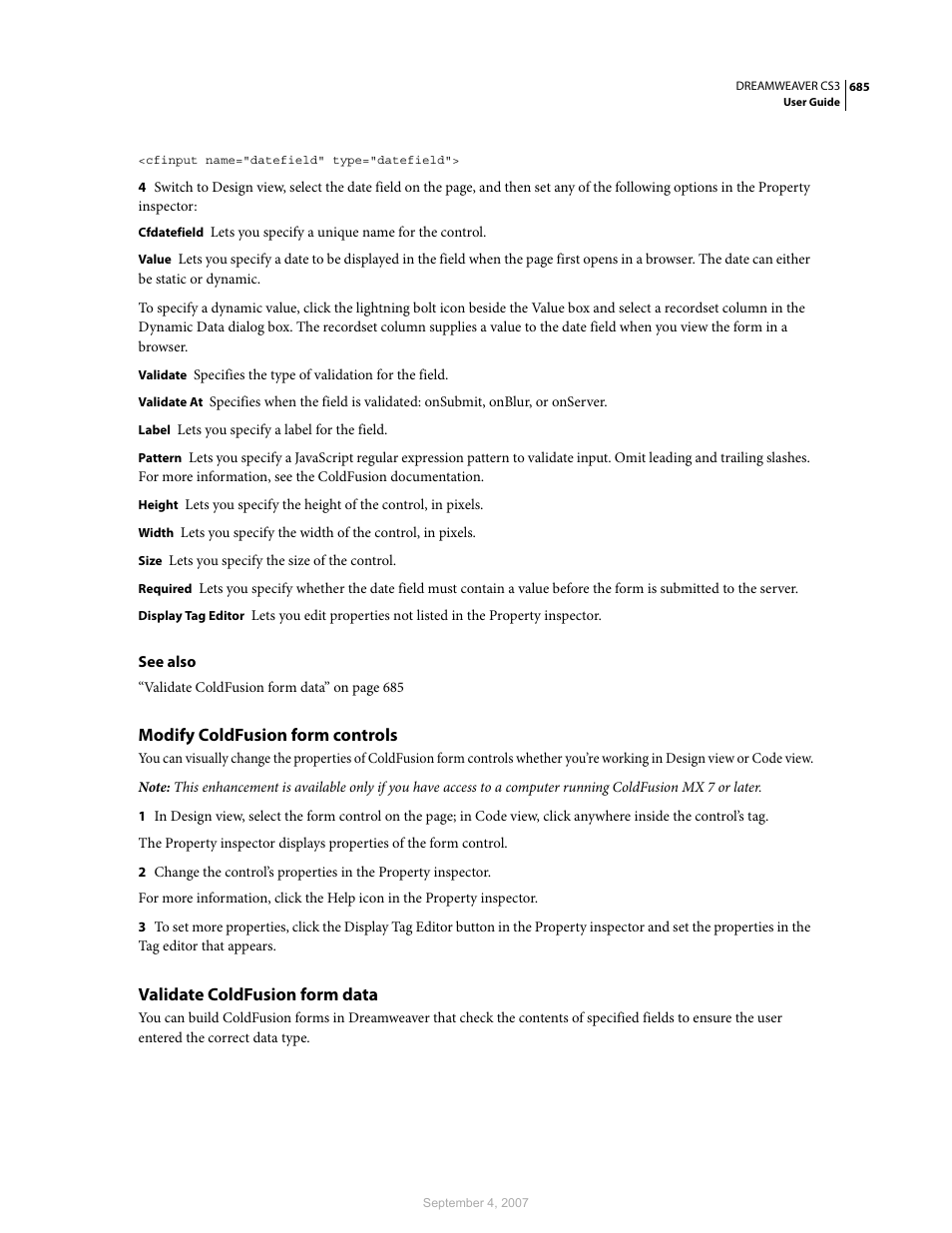 Modify coldfusion form controls, Validate coldfusion form data | Adobe Dreamweaver CS3 User Manual | Page 692 / 738