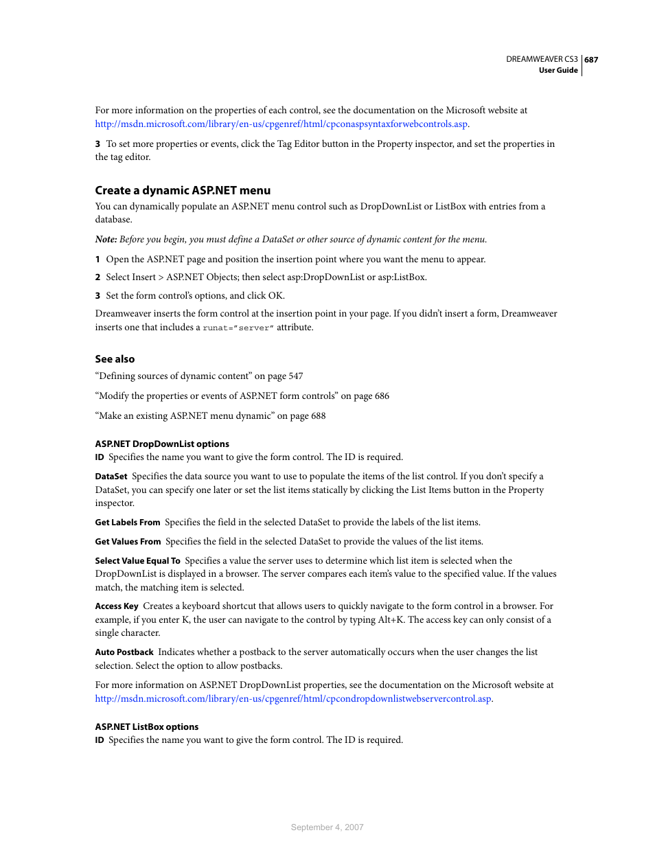 Create a dynamic asp.net menu | Adobe Dreamweaver CS3 User Manual | Page 694 / 738