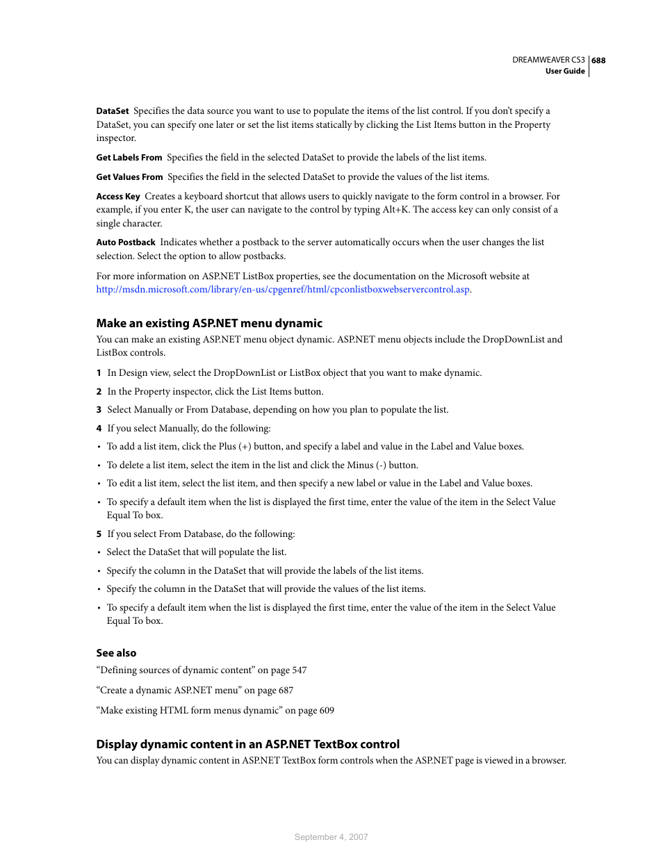 Make an existing asp.net menu dynamic | Adobe Dreamweaver CS3 User Manual | Page 695 / 738