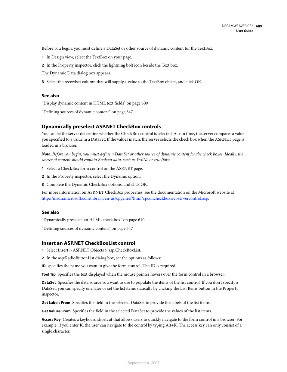 Dynamically preselect asp.net checkbox controls, Insert an asp.net checkboxlist control | Adobe Dreamweaver CS3 User Manual | Page 696 / 738