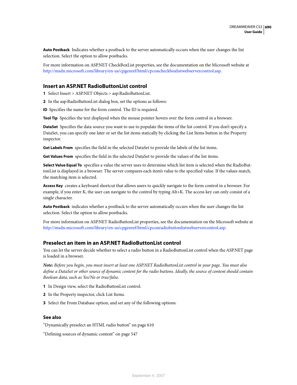 Insert an asp.net radiobuttonlist control | Adobe Dreamweaver CS3 User Manual | Page 697 / 738