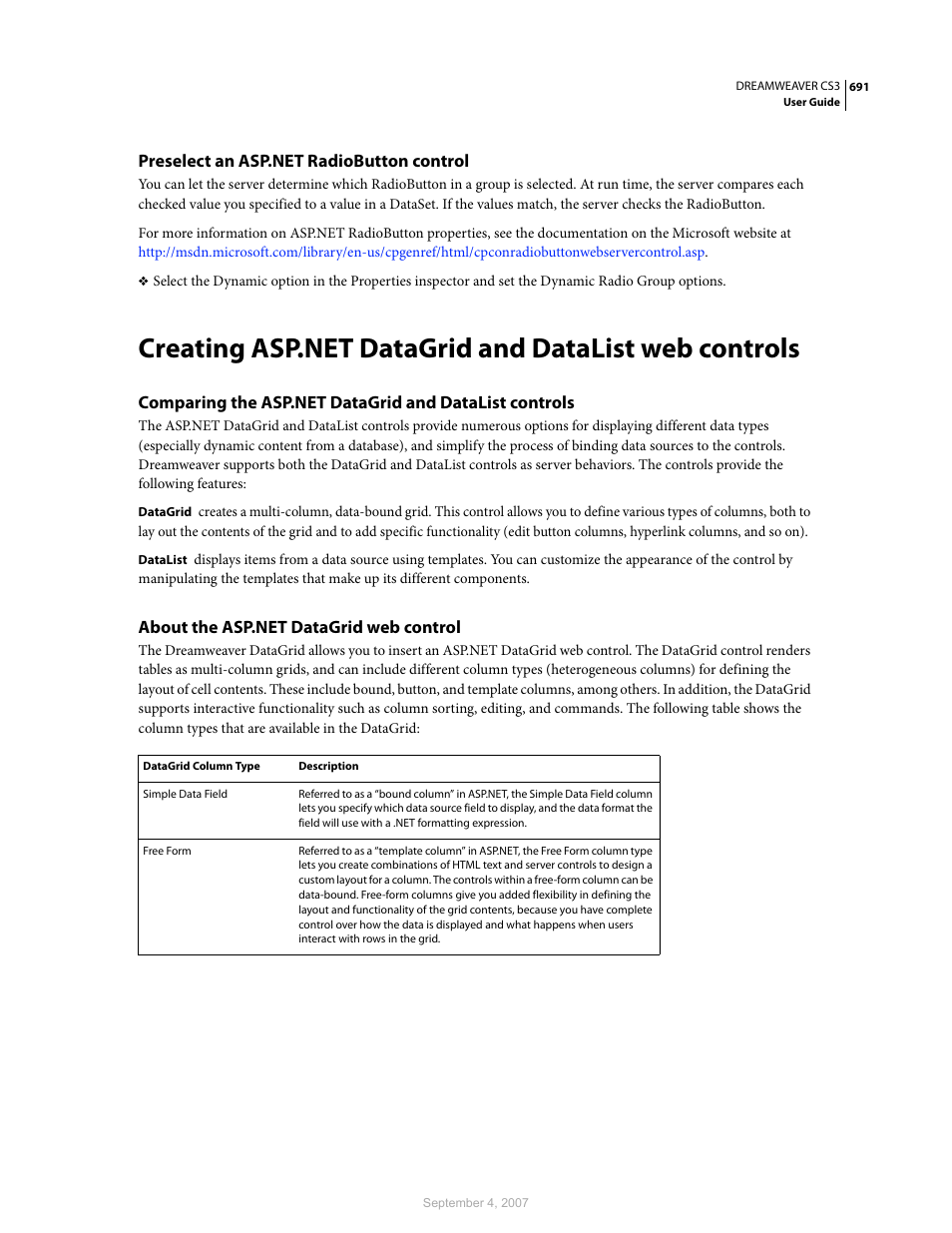 Preselect an asp.net radiobutton control, About the asp.net datagrid web control | Adobe Dreamweaver CS3 User Manual | Page 698 / 738