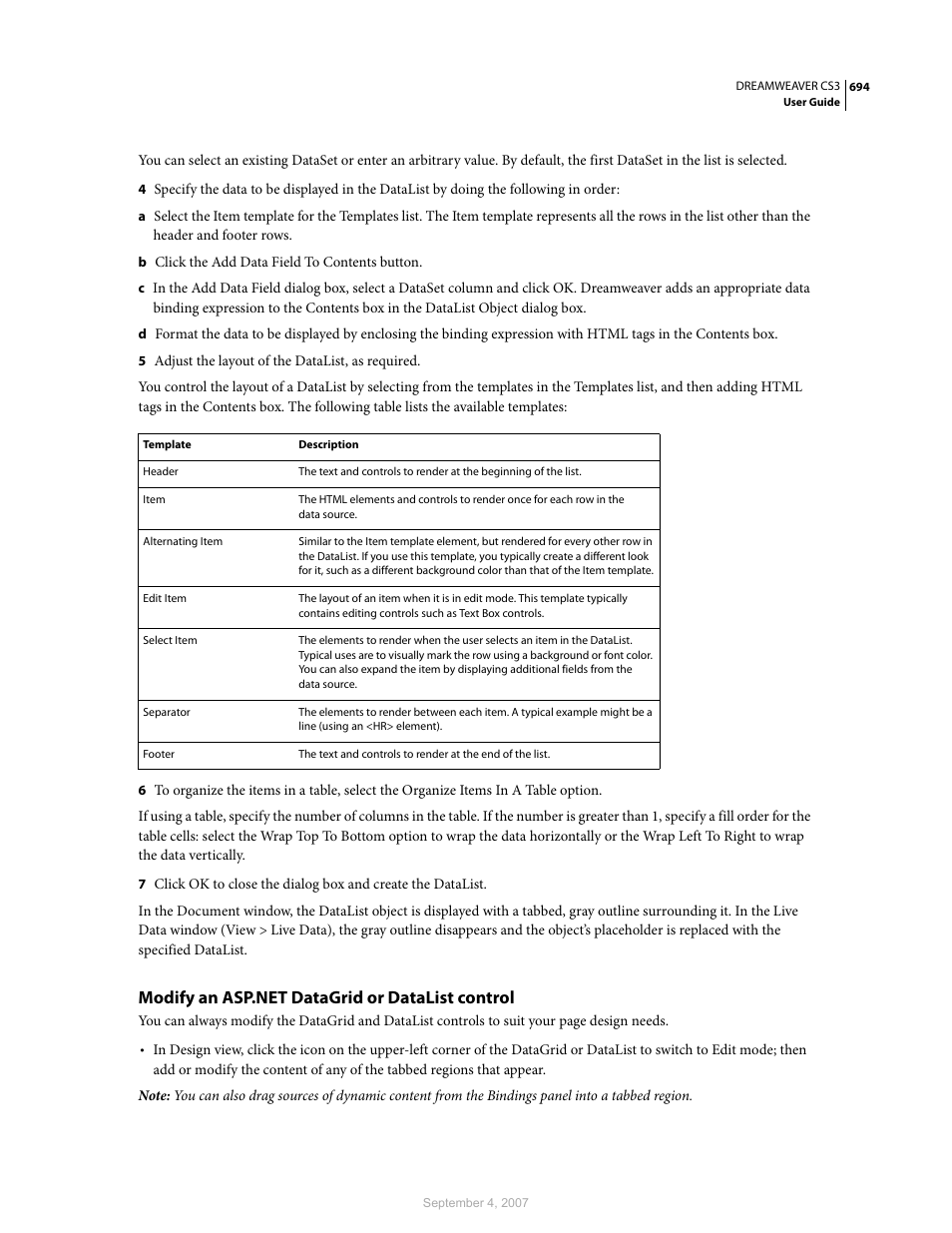 Modify an asp.net datagrid or datalist control | Adobe Dreamweaver CS3 User Manual | Page 701 / 738