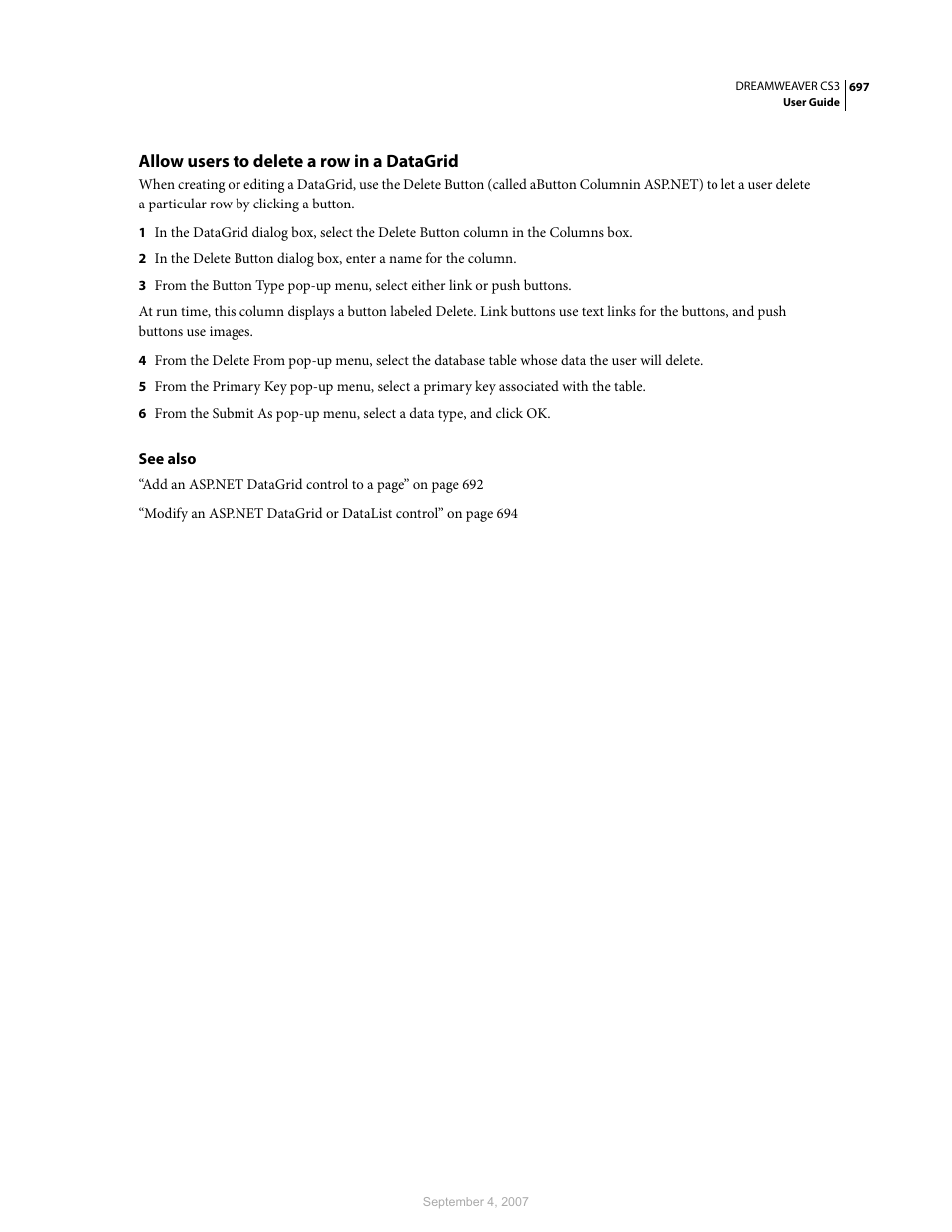 Allow users to delete a row in a datagrid | Adobe Dreamweaver CS3 User Manual | Page 704 / 738