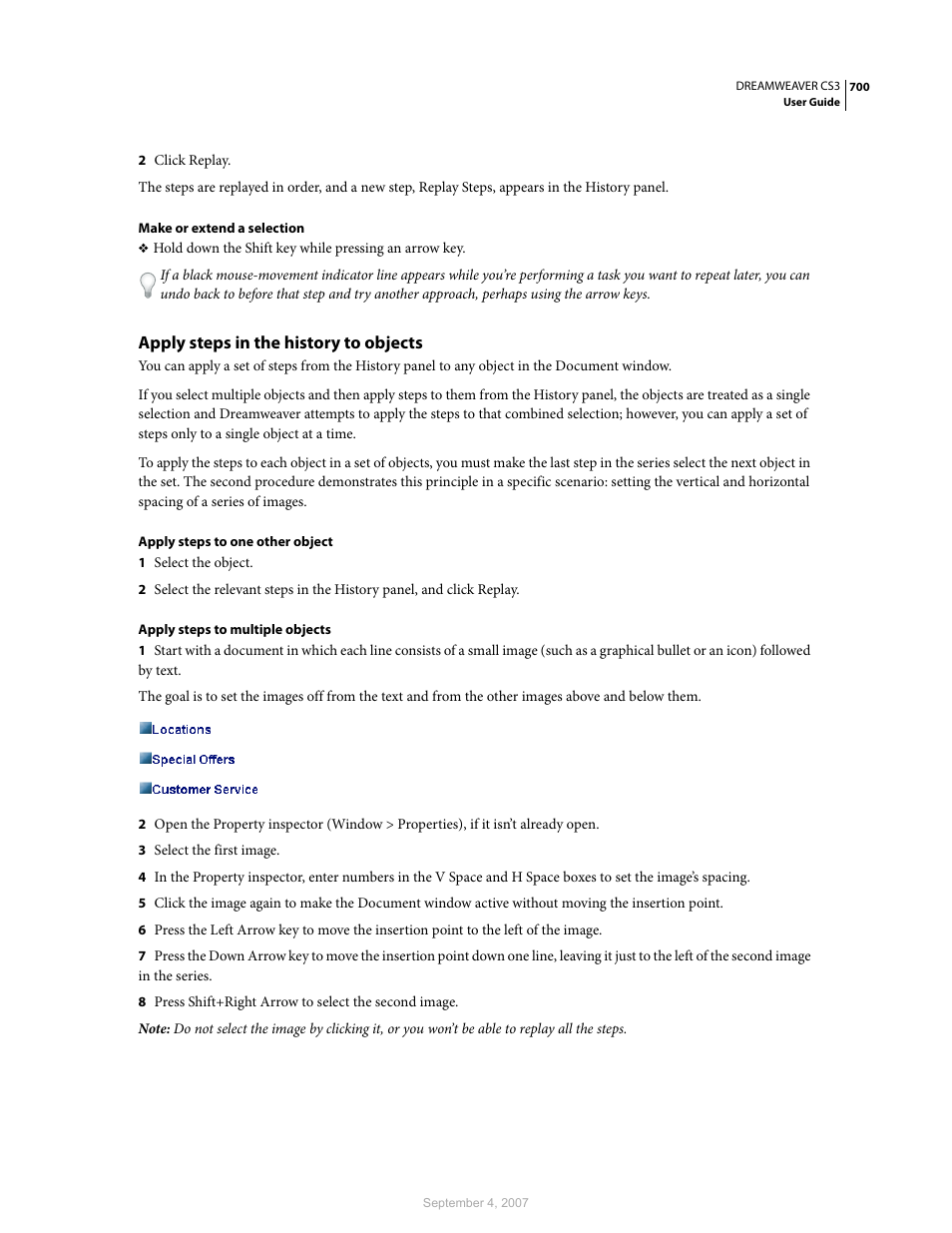 Apply steps in the history to objects | Adobe Dreamweaver CS3 User Manual | Page 707 / 738