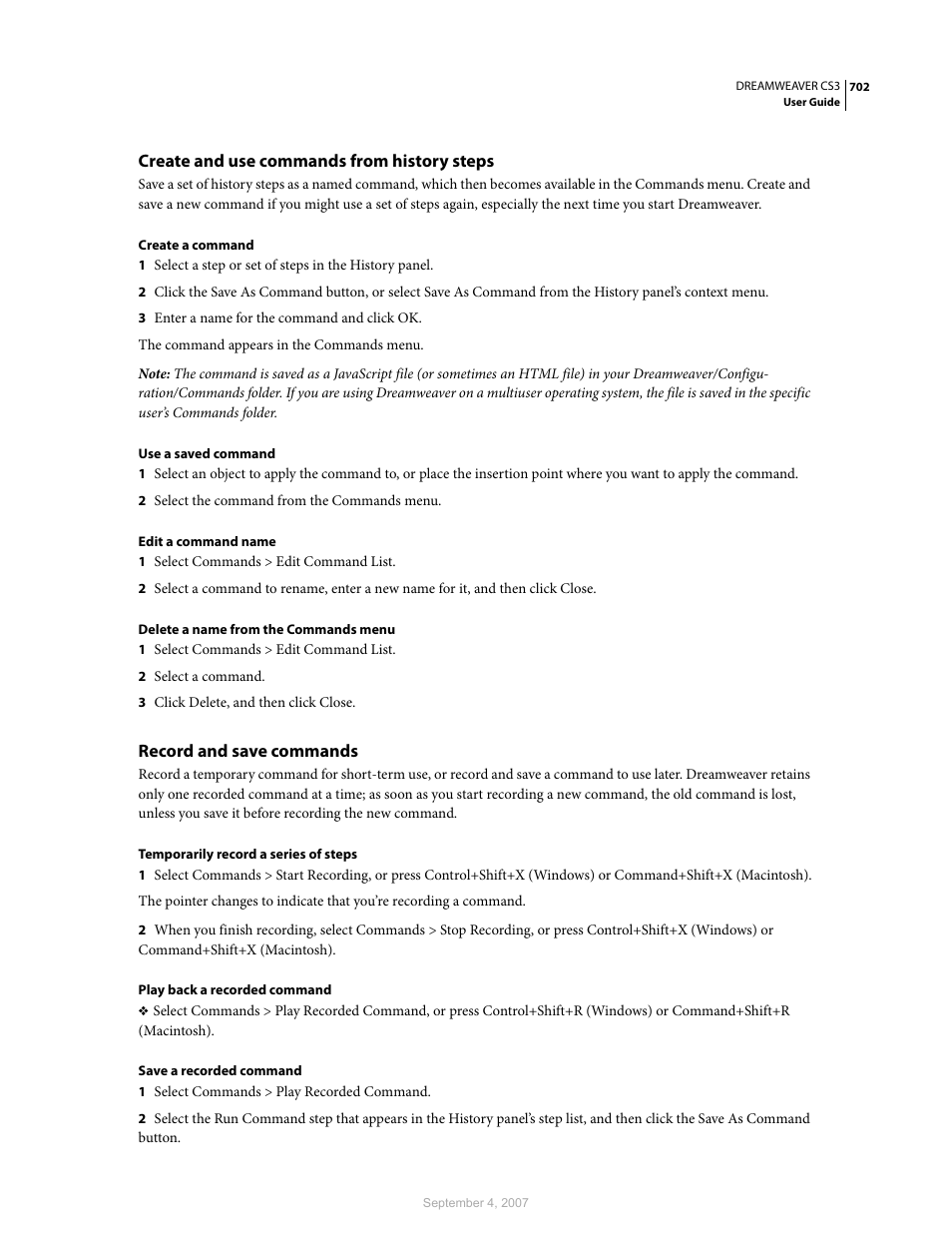 Create and use commands from history steps, Record and save commands | Adobe Dreamweaver CS3 User Manual | Page 709 / 738