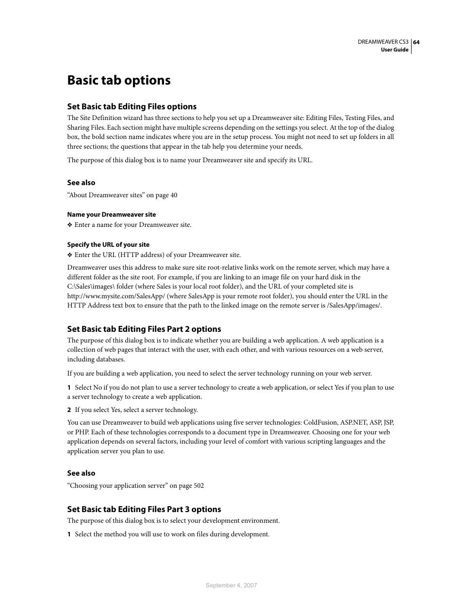 Basic tab options, Set basic tab editing files options, Set basic tab editing files part 2 options | Set basic tab editing files part 3 options | Adobe Dreamweaver CS3 User Manual | Page 71 / 738