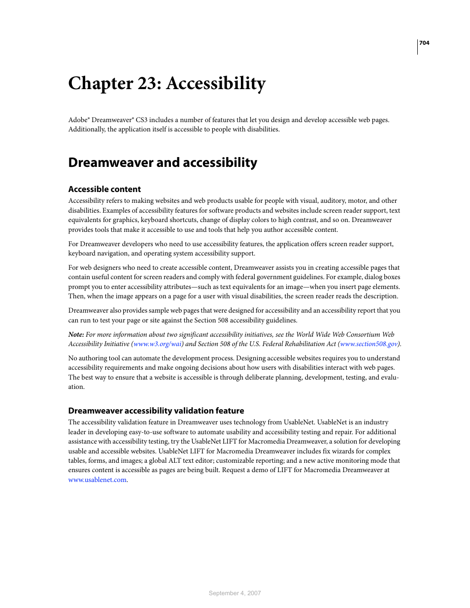 Chapter 23: accessibility, Dreamweaver and accessibility, Accessible content | Dreamweaver accessibility validation feature | Adobe Dreamweaver CS3 User Manual | Page 711 / 738