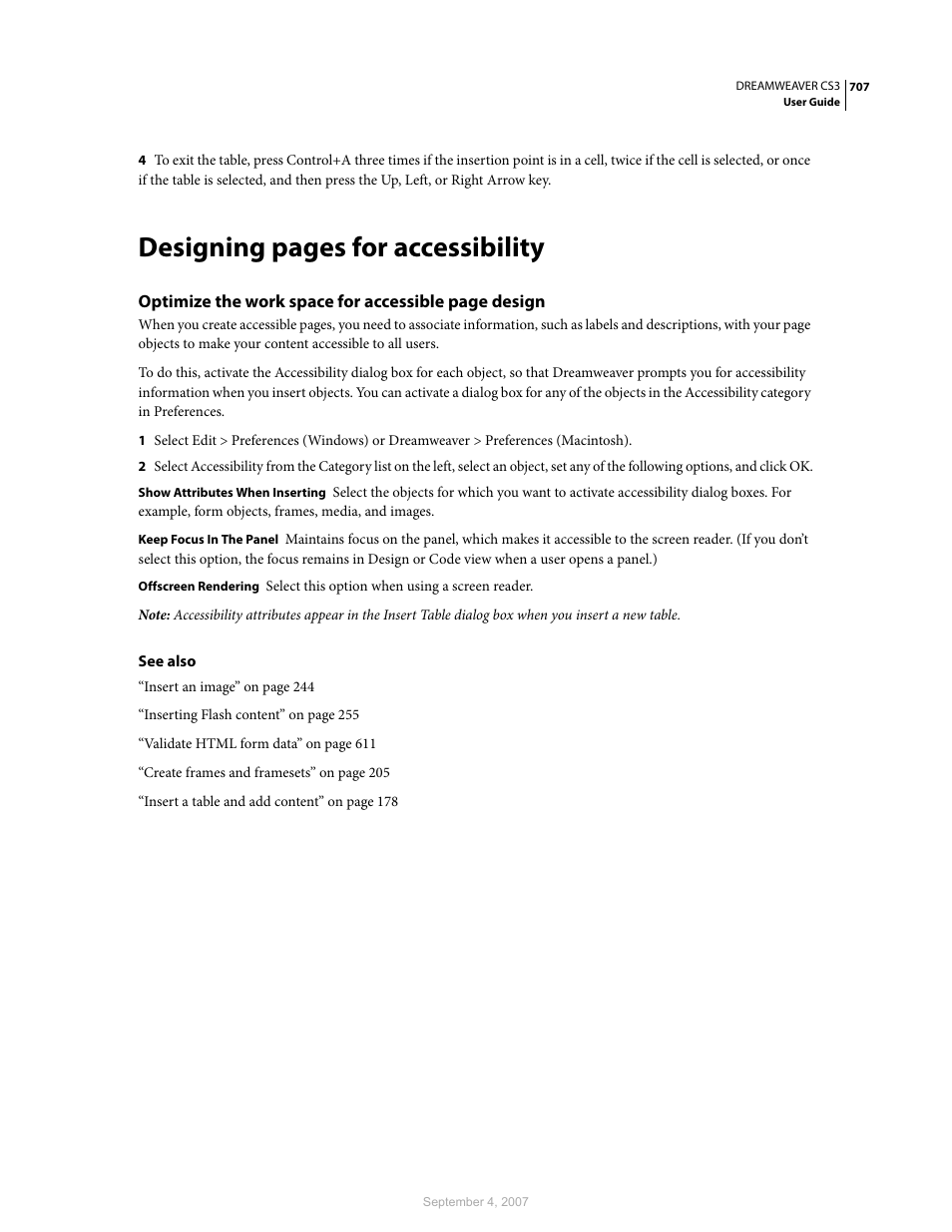 Designing pages for accessibility | Adobe Dreamweaver CS3 User Manual | Page 714 / 738