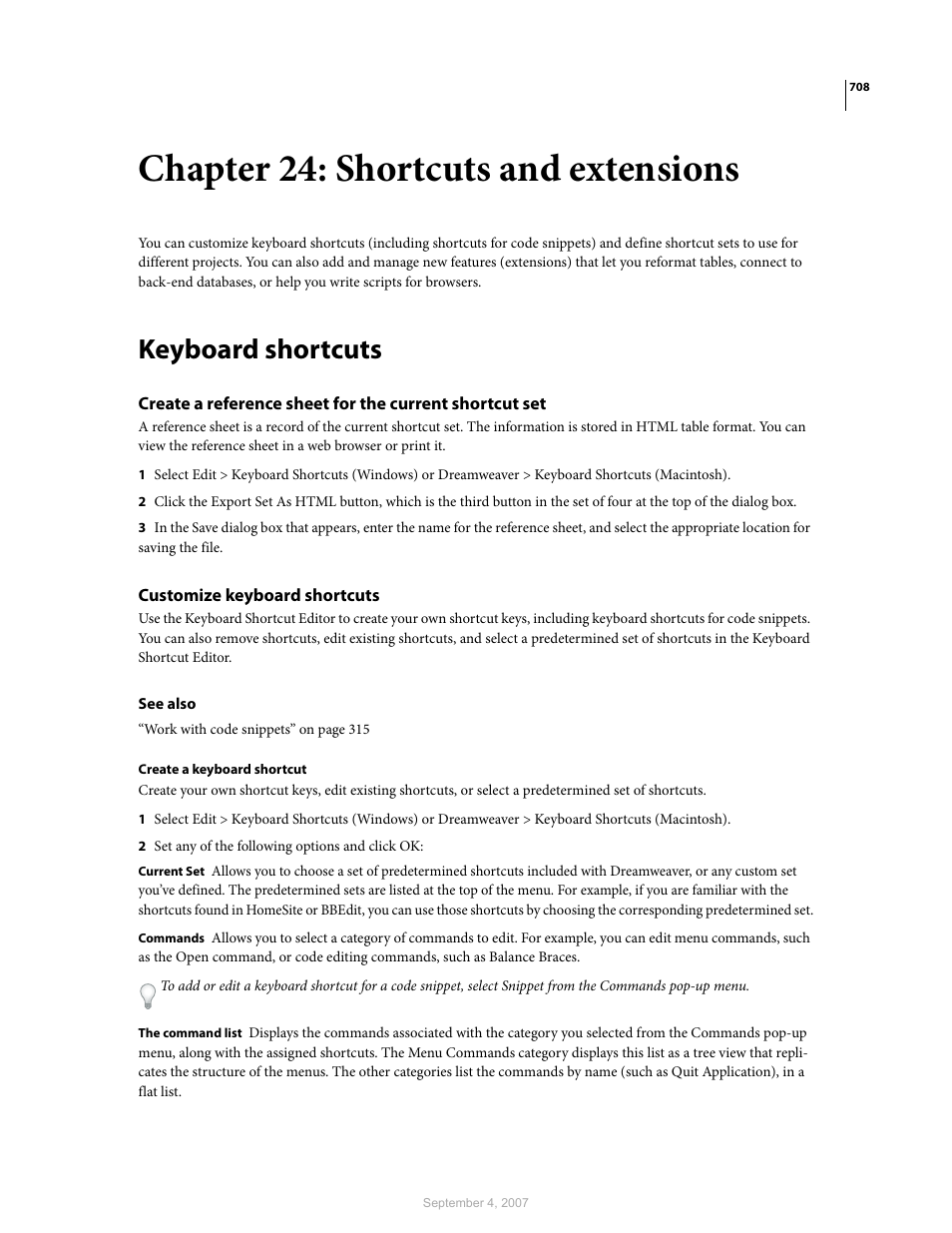 Chapter 24: shortcuts and extensions, Keyboard shortcuts, Customize keyboard shortcuts | Adobe Dreamweaver CS3 User Manual | Page 715 / 738
